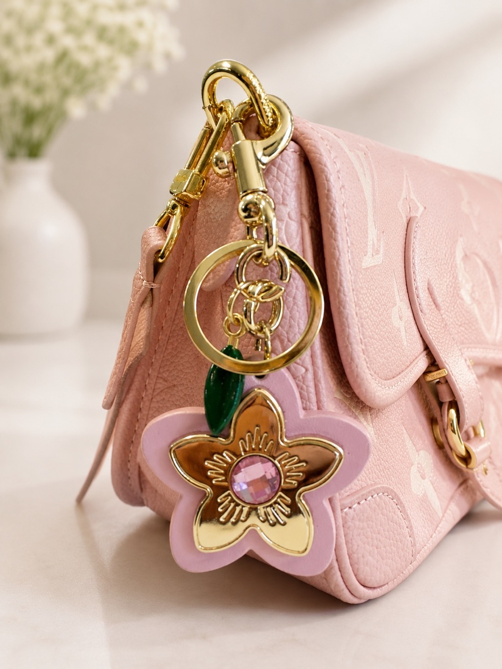 Luxury Pink Floral Bag Charm Keychain - Brand Unspecified
